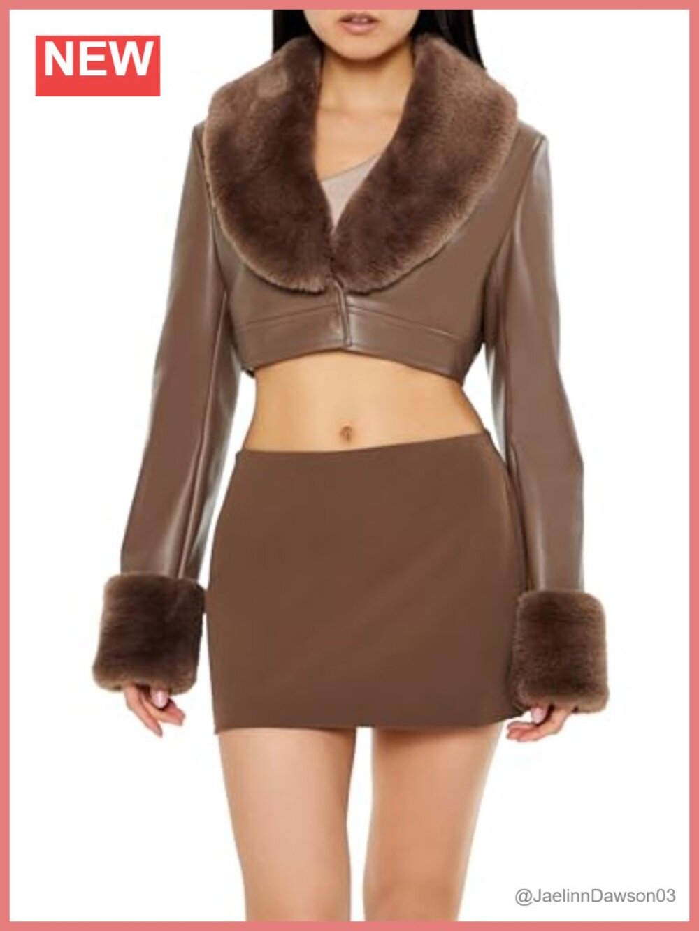 Faux Leather & Fur Cropped Jacket with Shawl Lapels and Long Sleeves